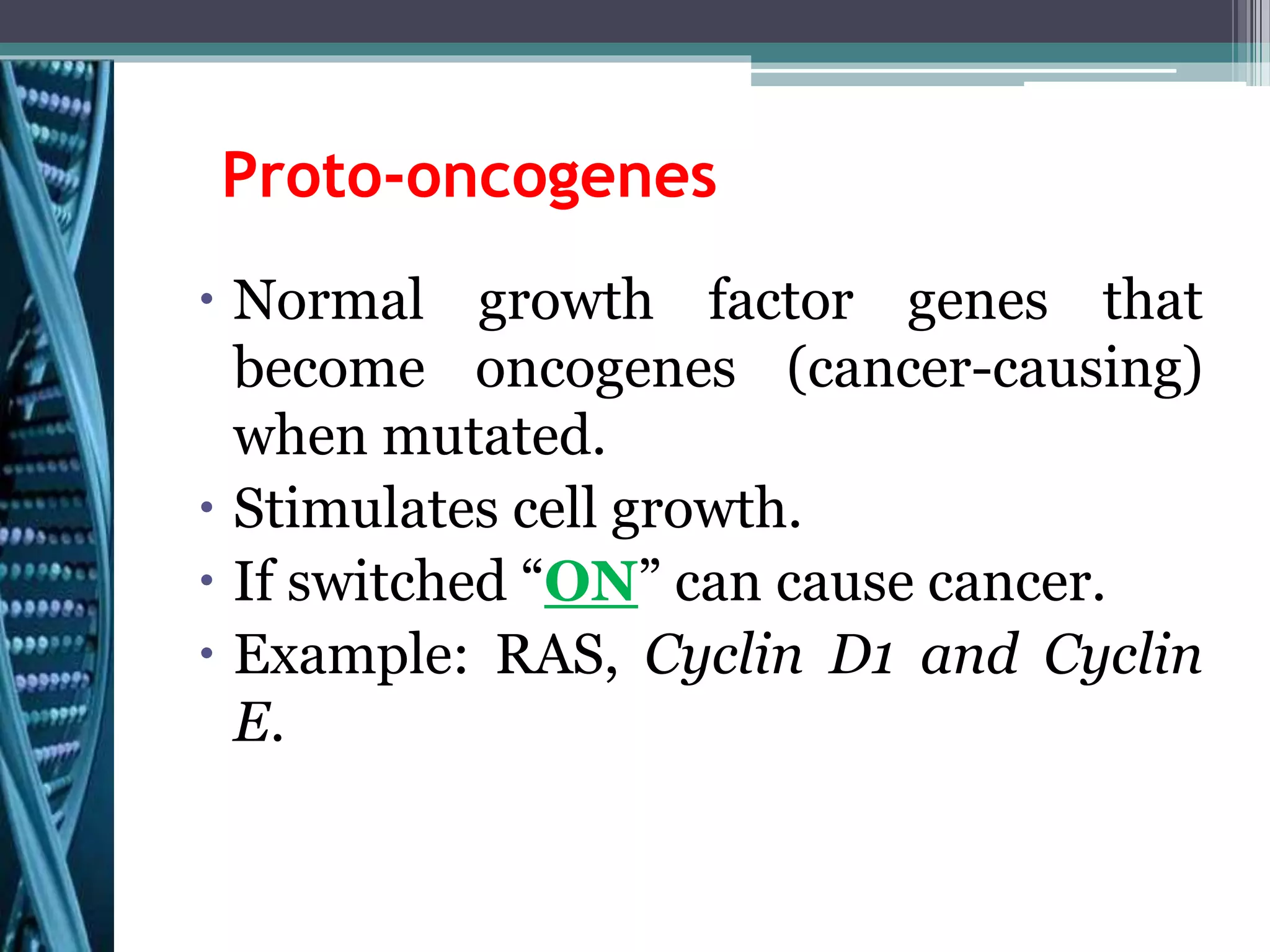 Proto-oncogenes
 Normal growth factor genes that
become oncogenes (cancer-causing)
when mutated.
 Stimulates cell growth.
 If switched “ON” can cause cancer.
 Example: RAS, Cyclin D1 and Cyclin
E.
 
