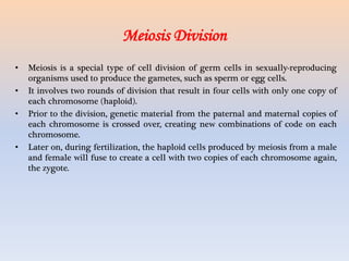 Meiosis Division
• Meiosis is a special type of cell division of germ cells in sexually-reproducing
organisms used to produce the gametes, such as sperm or egg cells.
• It involves two rounds of division that result in four cells with only one copy of
each chromosome (haploid).
• Prior to the division, genetic material from the paternal and maternal copies of
each chromosome is crossed over, creating new combinations of code on each
chromosome.
• Later on, during fertilization, the haploid cells produced by meiosis from a male
and female will fuse to create a cell with two copies of each chromosome again,
the zygote.
 