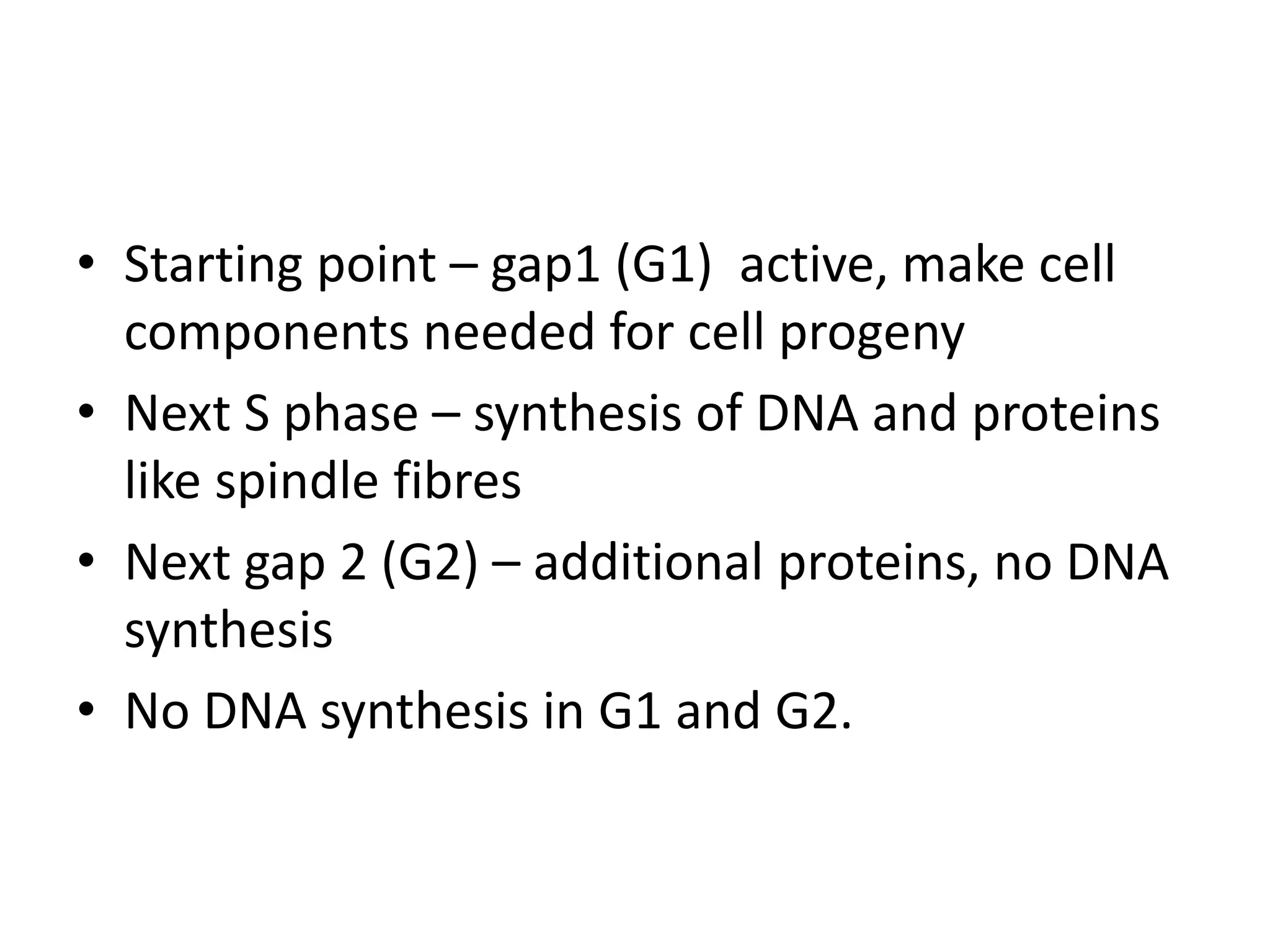 • Starting point – gap1 (G1) active, make cell
components needed for cell progeny
• Next S phase – synthesis of DNA and proteins
like spindle fibres
• Next gap 2 (G2) – additional proteins, no DNA
synthesis
• No DNA synthesis in G1 and G2.
 