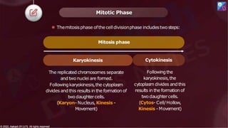 Mitotic Phase
Followingthe
karyokinesis,the
cytoplasm divides andthis
results in the formation of
twodaughtercells.
(Cytos- Cell/Hollow,
Kinesis - Movement)
The replicated chromosomes separate
and two nuclei are formed.
Followingkaryokinesis,the cytoplasm
divides andthis results in the formation of
twodaughtercells.
(Karyon- Nucleus,Kinesis -
Movement)
⚫ Themitosisphase ofthecelldivisionphase includestwosteps:
Mitosis phase
Karyokinesis Cytokinesis
© 2022, Aakash BYJU'S. All rights reserved
© 2022, Aakash BYJU'S. All rights reserved
 