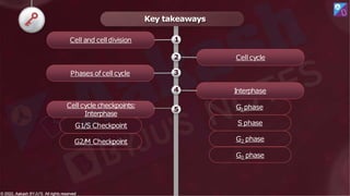 Cell cycle
Cell and celldivision
Interphase
Phases of cell cycle
G1phase
S phase
G2 phase
G0 phase
Cell cycle checkpoints:
Interphase
G1/S Checkpoint
G2/
M Checkpoint
Key takeaways
1
2
3
4
5
© 2022, Aakash BYJU'S. All rights reserved
© 2022, Aakash BYJU'S. All rights reserved
 