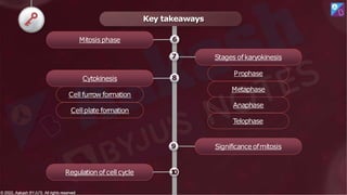 Key takeaways
Mitosisphase
Stages of karyokinesis
Prophase
Metaphase
Anaphase
Telophase
Cytokinesis
Cell furrow formation
Cellplate formation
Regulation of cell cycle
Significance ofmitosis
7
8
9
1
0
6
© 2022, Aakash BYJU'S. All rights reserved
© 2022, Aakash BYJU'S. All rights reserved
 