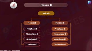 Meiosis- I
I
Meiosis
Meiosis I Meiosis I
I
Prophase I
Metaphase I
Anaphase I
Telophase I
Prophase I
I
Metaphase I
I
Anaphase I
I
Telophase I
I
© 2022, Aakash BYJU'S. All rights reserved
© 2022, Aakash BYJU'S. All rights reserved
 