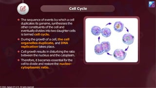 ⚫ The sequence of events bywhich a cell
duplicates its genome,synthesisesthe
otherconstituents ofthe cell and
eventuallydivides intotwo daughtercells
is termed cell cycle.
⚫ Duringthe growthof a cell,the cell
organelles duplicate, and DNA
replication takes place.
⚫ Cellgrowthresults in disturbingthe ratio
betweenthe nucleus andthe cytoplasm.
⚫ Therefore,it becomes essential forthe
cellto divide and restorethe nucleo-
cytoplasmic ratio.
Cell Cycle
© 2022, Aakash BYJU'S. All rights reserved
© 2022, Aakash BYJU'S. All rights reserved
 
