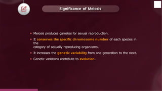 ⚫ Meiosis produces gametes for sexual reproduction.
⚫ It conserves the specific chromosome number of each species in
the
category of sexually reproducing organisms.
⚫ It increases the genetic variability from one generation to the next.
⚫ Genetic variations contribute to evolution.
Significance of Meiosis
© 2022, Aakash BYJU'S. All rights reserved
 