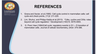 REFERENCES
1. Grana and Xavier, et al.(1995) Cell cycle control in mammalian cells: cell
cycle and check points, (11)2: 211-220.
2. Lim, Shuhui, and Philipp Kaldis.et al.(2013) “Cdks, cyclins and CKIs: roles
beyond cell cycle regulation.” Development (140)15: 3079-3093.
3. G. Prem Veer.(1994)Cell cycle: regulatory events in G1→ S transition of
mammalian cells. Journal of cellular biochemistry, (54)4: 379-386.
 