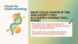 Check for
Understanding
WHAT COULD HAPPEN IF THE
DNA DOESN’T COPY
ACCURATELY DURING THE S
PHASE?
If the DNA isn't copied properly, the
daughter cells could end up with missing
or extra genetic material.
This could cause conditions like Down
syndrome or other genetic disorders.
 