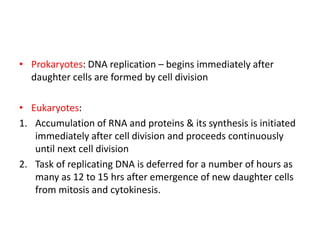 • Prokaryotes: DNA replication – begins immediately after
daughter cells are formed by cell division
• Eukaryotes:
1. Accumulation of RNA and proteins & its synthesis is initiated
immediately after cell division and proceeds continuously
until next cell division
2. Task of replicating DNA is deferred for a number of hours as
many as 12 to 15 hrs after emergence of new daughter cells
from mitosis and cytokinesis.
 
