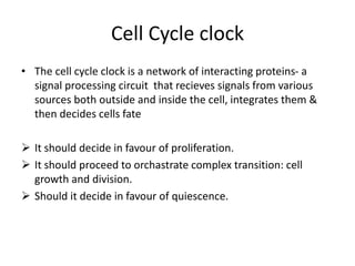 Cell Cycle clock
• The cell cycle clock is a network of interacting proteins- a
signal processing circuit that recieves signals from various
sources both outside and inside the cell, integrates them &
then decides cells fate
 It should decide in favour of proliferation.
 It should proceed to orchastrate complex transition: cell
growth and division.
 Should it decide in favour of quiescence.
 