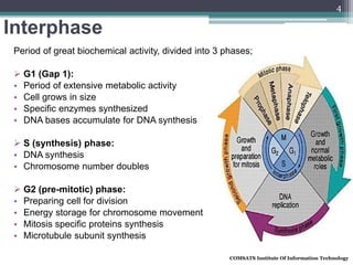 Interphase
COMSATS Institute Of Information Technology
4
Period of great biochemical activity, divided into 3 phases;
 G1 (Gap 1):
• Period of extensive metabolic activity
• Cell grows in size
• Specific enzymes synthesized
• DNA bases accumulate for DNA synthesis
 S (synthesis) phase:
• DNA synthesis
• Chromosome number doubles
 G2 (pre-mitotic) phase:
• Preparing cell for division
• Energy storage for chromosome movement
• Mitosis specific proteins synthesis
• Microtubule subunit synthesis
 