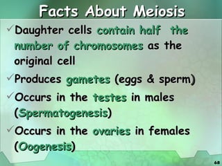 Facts About Meiosis Daughter cells   contain half  the number of chromosomes   as the original cell Produces   gametes   (eggs & sperm ) Occurs in the  testes  in males ( Spermatogenesis ) Occurs in the  ovaries  in females ( Oogenesis ) 