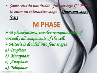 • Some cells do not divide further exit G1 Phase
  to enter an interactive stage – Quiescent stage
  (G0).


M phase(mitosis) involve reorganization of
virtually all components of the cell.
Mitosis is divided into four stages
a) Prophase
b) Metaphase
c) Anaphase
d) Telophase
 