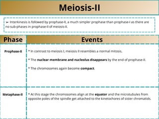 Meiosis-II
➢ Interkinesis is followed by prophase-II, a much simpler prophase than prophase-I as there are
no sub-phases in prophase-II of meiosis-II.
Phase Events
Prophase-II * In contrast to meiosis I, meiosis II resembles a normal mitosis.
* The nuclear membrane and nucleolus disappears by the end of prophase-II.
* The chromosomes again become compact.
Metaphase-II * At this stage the chromosomes align at the equator and the microtubules from
opposite poles of the spindle get attached to the kinetochores of sister chromatids.
 