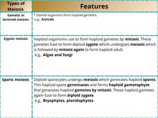 Types of
Meiosis
Features
Gametic or
terminal meiosis
* Diploid organisms form haploid gametes.
e.g., Animals
Zygotic meiosis Haploid organisms use to form haploid gametes by mitosis. These
gametes fuse to form diploid zygote which undergoes meiosis which
is followed by mitosis again to form haploid adult.
e.g., Algae and fungi
Sporic meiosis Diploid sporocytes undergo meiosis which generates haploid spores.
This haploid spore germinates and forms haploid gametophyte
that generates haploid gametes by mitosis. These haploid gametes
again fuse to form diploid zygote.
e.g., Bryophytes, pteridophytes
 