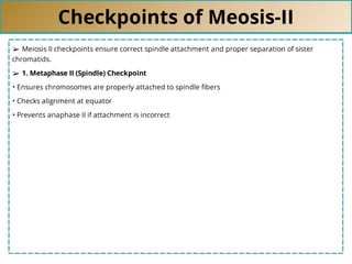 Checkpoints of Meosis-II
➢ Meiosis II checkpoints ensure correct spindle attachment and proper separation of sister
chromatids.
➢ 1. Metaphase II (Spindle) Checkpoint
• Ensures chromosomes are properly attached to spindle ﬁbers
• Checks alignment at equator
• Prevents anaphase II if attachment is incorrect
 