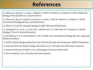 References
➢ Alberts, B., Johnson, A., Lewis, J., Morgan, D., Raﬀ, M., Roberts, K., & Walter, P. (2014). Molecular
Biology of the Cell (6th ed.). Garland Science.
➢ Alberts, B., Bray, D., Hopkin, K., Johnson, A., Lewis, J., Raﬀ, M., Roberts, K., & Walter, P. (2018).
Essential Cell Biology (4th ed.). Garland Science.
➢ Bhatia, S. S. (2019). Complete Biology for NEET. McGraw Hill Education.
➢ Campbell, N. A., Urry, L. A., Cain, M. L., Wasserman, S. A., Minorsky, P. V., & Reece, J. B. (2018).
Biology (11th ed.). Pearson Education.
➢ De Robertis, E. D. P., & De Robertis, E. M. F. (2006). Cell and Molecular Biology (8th ed.). Lippincott
Williams & Wilkins.
➢ NCERT. (2023). Biology textbook for Class XI & XII: Cell cycle and cell division. NCERT Publications.
➢ National Center for Biotechnology Information. (n.d.). Cell cycle and cell division resources.
➢ National Institutes of Health. (n.d.). Cell biology and mitosis information.
➢ Khan Academy. (n.d.). Cell cycle and mitosis lessons.
 