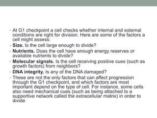 • At G1 checkpoint a cell checks whether internal and external
conditions are right for division. Here are some of the factors a
cell might assess:
• Size. Is the cell large enough to divide?
• Nutrients. Does the cell have enough energy reserves or
available nutrients to divide?
• Molecular signals. Is the cell receiving positive cues (such as
growth factors) from neighbors?
• DNA integrity. Is any of the DNA damaged?
• These are not the only factors that can affect progression
through the G1 checkpoint, and which factors are most
important depend on the type of cell. For instance, some cells
also need mechanical cues (such as being attached to a
supportive network called the extracellular matrix) in order to
divide
 