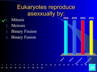 Eukaryotes reproduce asexxually by: Mitosis Meiosis Binary Fission Binary Fusion 20 1 2 3 4 5 6 7 8 9 10 11 12 13 14 15 16 17 18 19 20 21 22 23 24 25 26 27 28 29 30 
