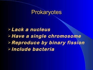 Prokaryotes Lack a nucleus  Have a single chromosome Reproduce by binary fission Include bacteria 