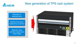 Delta Confidential 1
New generation of TPS rack system
Reduction of
assembly time
Rectifier back plane
replaced by connector
Reduced parts
quantity (copper bars,
sheet metal)
 