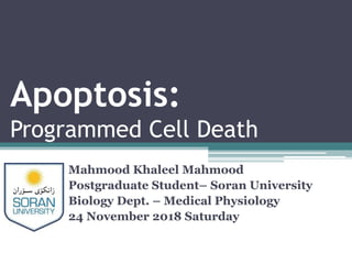Apoptosis:
Programmed Cell Death
Mahmood Khaleel Mahmood
Postgraduate Student– Soran University
Biology Dept. – Medical Physiology
24 November 2018 Saturday
 