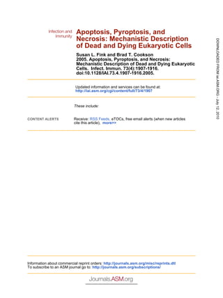 Apoptosis, Pyroptosis, and 
Necrosis: Mechanistic Description 
of Dead and Dying Eukaryotic Cells 
Susan L. Fink and Brad T. Cookson 
2005. Apoptosis, Pyroptosis, and Necrosis: 
Mechanistic Description of Dead and Dying Eukaryotic 
Cells. Infect. Immun. 73(4):1907-1916. 
doi:10.1128/IAI.73.4.1907-1916.2005. 
Updated information and services can be found at: 
http://iai.asm.org/cgi/content/full/73/4/1907 
These include: 
CONTENT ALERTS 
Receive: RSS Feeds, eTOCs, free email alerts (when new articles 
cite this article), more>> 
Information about commercial reprint orders: http://journals.asm.org/misc/reprints.dtl 
To subscribe to an ASM journal go to: http://journals.asm.org/subscriptions/ 
DOWNLOADED FROM iai.ASM.ORG - July 12, 2010 
 