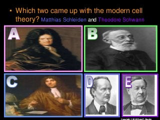 • Which two came up with the modern cell
theory? Matthias Schleiden and Theodore Schwann
Copyright © 2010 Ryan P. Murphy
 