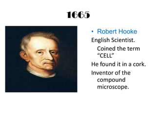 1665
       • Robert Hooke
       English Scientist.
         Coined the term
         “CELL”
       He found it in a cork.
       Inventor of the
         compound
         microscope.
 