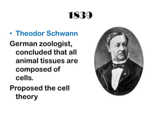 1839
• Theodor Schwann
German zoologist,
  concluded that all
  animal tissues are
  composed of
  cells.
Proposed the cell
  theory
 
