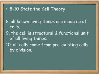 • 8-10 State the Cell Theory

8. all known living things are made up of
  cells.
9. the cell is structural & functional unit
  of all living things.
10. all cells come from pre-existing cells
  by division.
 