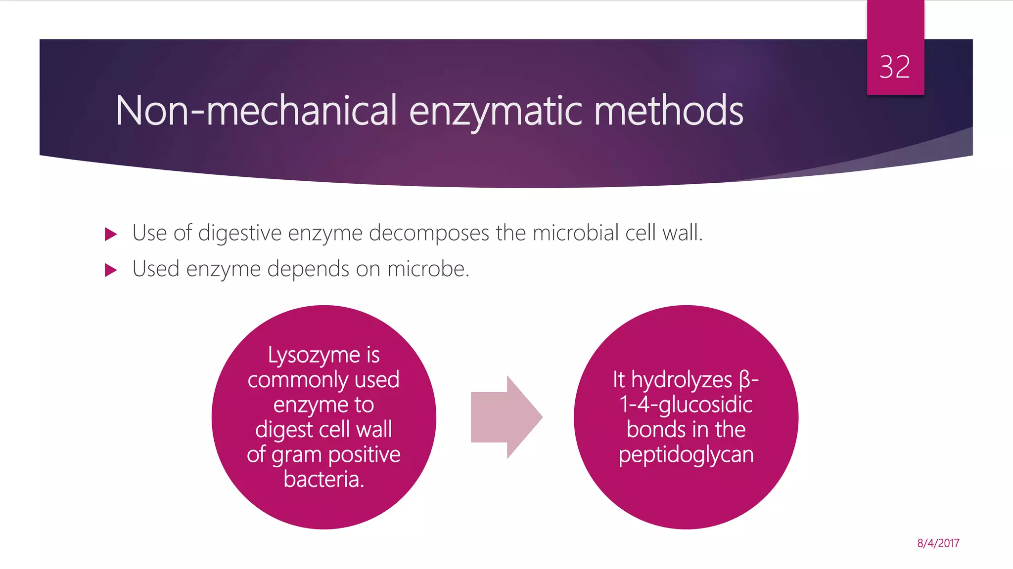 Non-mechanical enzymatic methods
 Use of digestive enzyme decomposes the microbial cell wall.
 Used enzyme depends on microbe.
8/4/2017
32
Lysozyme is
commonly used
enzyme to
digest cell wall
of gram positive
bacteria.
It hydrolyzes β-
1-4-glucosidic
bonds in the
peptidoglycan
 