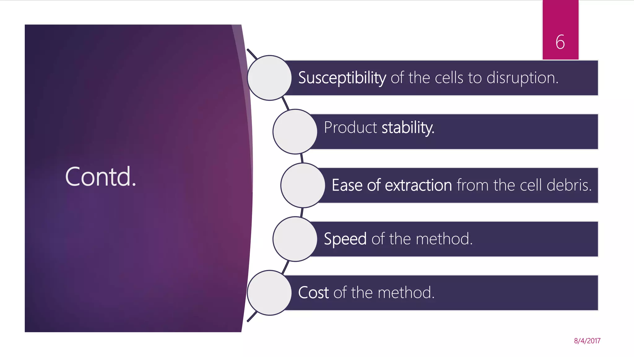 Contd.
Susceptibility of the cells to disruption.
Product stability.
Ease of extraction from the cell debris.
Speed of the method.
Cost of the method.
8/4/2017
6
 