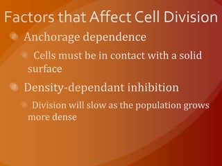 Factors that Affect Cell Division  Anchorage dependence  Cells must be in contact with a solid surface  Density-dependant inhibition  Division will slow as the population grows more dense
