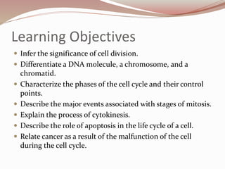 Learning Objectives
 Infer the significance of cell division.
 Differentiate a DNA molecule, a chromosome, and a
chromatid.
 Characterize the phases of the cell cycle and their control
points.
 Describe the major events associated with stages of mitosis.
 Explain the process of cytokinesis.
 Describe the role of apoptosis in the life cycle of a cell.
 Relate cancer as a result of the malfunction of the cell
during the cell cycle.
 