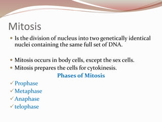 Mitosis
 Is the division of nucleus into two genetically identical
nuclei containing the same full set of DNA.
 Mitosis occurs in body cells, except the sex cells.
 Mitosis prepares the cells for cytokinesis.
Phases of Mitosis
Prophase
Metaphase
Anaphase
telophase
 