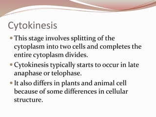 Cytokinesis
 This stage involves splitting of the
cytoplasm into two cells and completes the
entire cytoplasm divides.
 Cytokinesis typically starts to occur in late
anaphase or telophase.
 It also differs in plants and animal cell
because of some differences in cellular
structure.
 