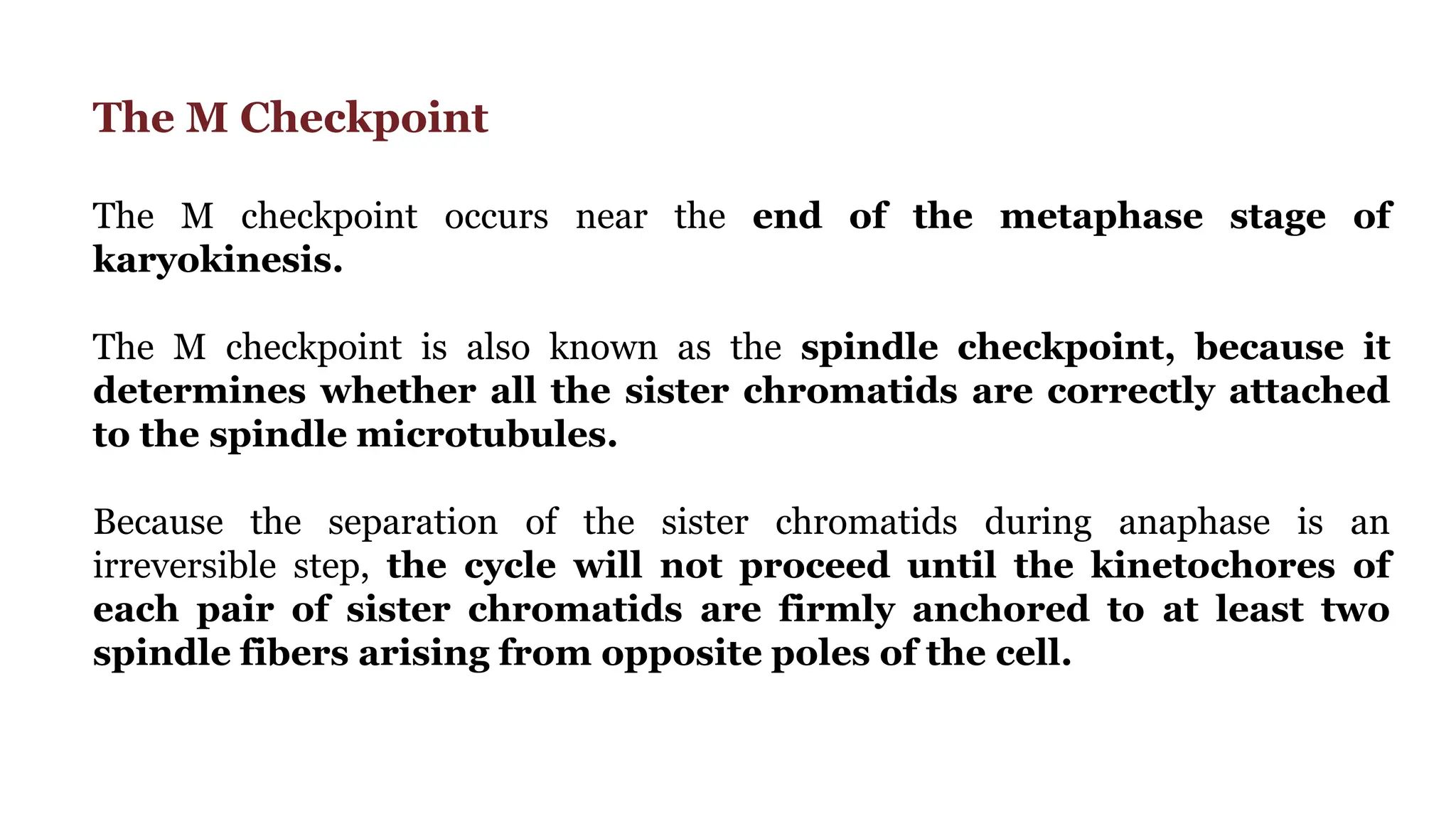 The M Checkpoint
The M checkpoint occurs near the end of the metaphase stage of
karyokinesis.
The M checkpoint is also known as the spindle checkpoint, because it
determines whether all the sister chromatids are correctly attached
to the spindle microtubules.
Because the separation of the sister chromatids during anaphase is an
irreversible step, the cycle will not proceed until the kinetochores of
each pair of sister chromatids are firmly anchored to at least two
spindle fibers arising from opposite poles of the cell.
 