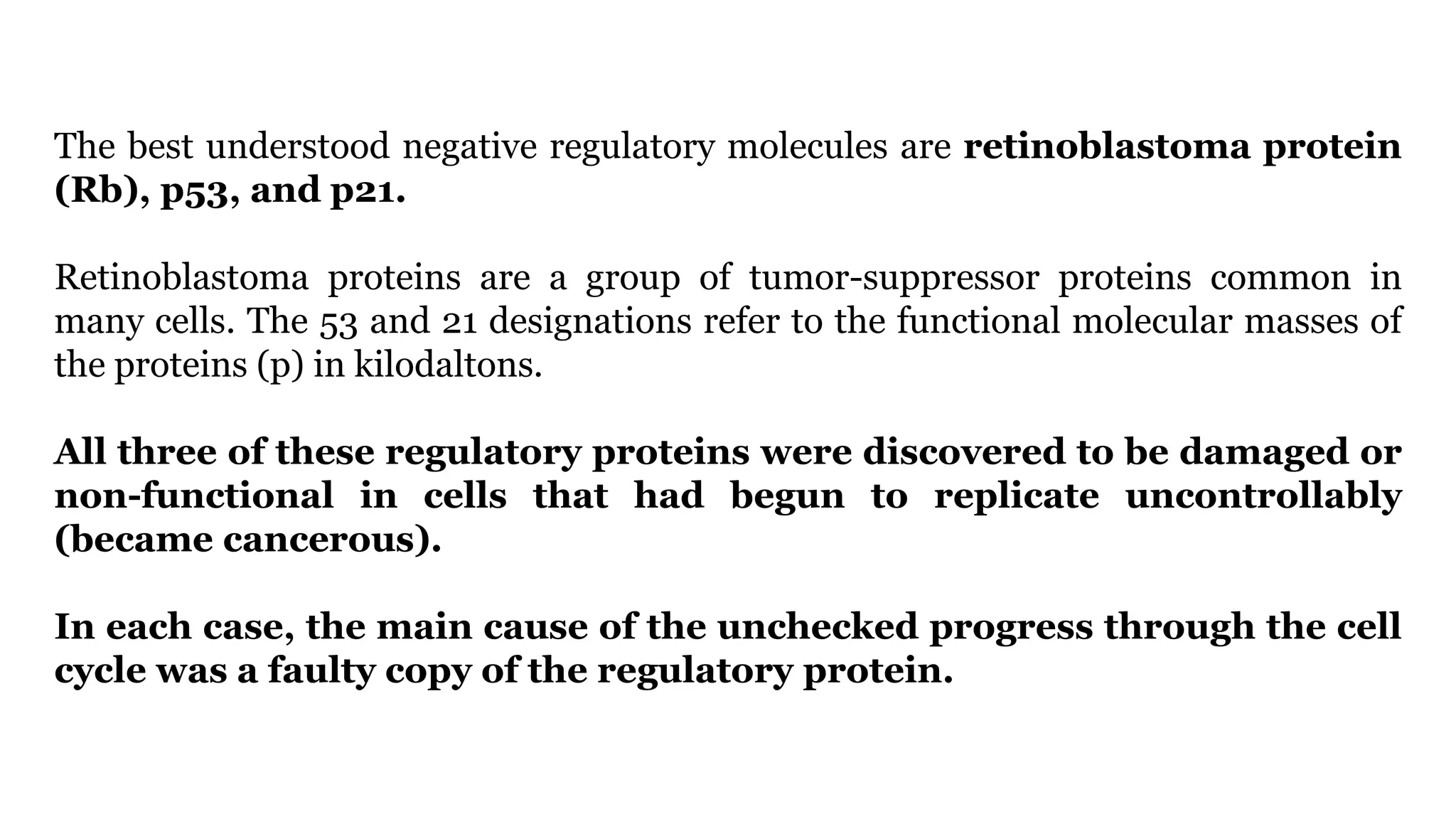 The best understood negative regulatory molecules are retinoblastoma protein
(Rb), p53, and p21.
Retinoblastoma proteins are a group of tumor-suppressor proteins common in
many cells. The 53 and 21 designations refer to the functional molecular masses of
the proteins (p) in kilodaltons.
All three of these regulatory proteins were discovered to be damaged or
non-functional in cells that had begun to replicate uncontrollably
(became cancerous).
In each case, the main cause of the unchecked progress through the cell
cycle was a faulty copy of the regulatory protein.
 
