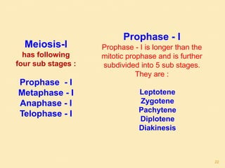 Meiosis-I
has following
four sub stages :
Prophase - I
Metaphase - I
Anaphase - I
Telophase - I
Prophase - I
Prophase - I is longer than the
mitotic prophase and is further
subdivided into 5 sub stages.
They are :
Leptotene
Zygotene
Pachytene
Diplotene
Diakinesis
22
 