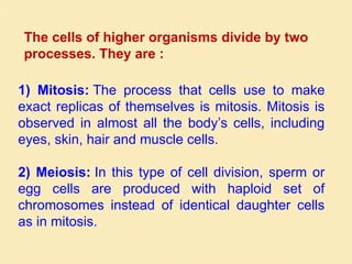 The cells of higher organisms divide by two
processes. They are :
1) Mitosis: The process that cells use to make
exact replicas of themselves is mitosis. Mitosis is
observed in almost all the body’s cells, including
eyes, skin, hair and muscle cells.
2) Meiosis: In this type of cell division, sperm or
egg cells are produced with haploid set of
chromosomes instead of identical daughter cells
as in mitosis.
 