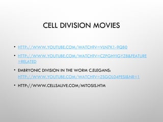 CELL DIVISION MOVIES
• HTTP://WWW.YOUTUBE.COM/WATCH?V=VLN7K1-9QB0
• HTTP://WWW.YOUTUBE.COM/WATCH?V=CZPGHYIGYZ8&FEATURE
=RELATED
• EMBRYONIC DIVISION IN THE WORM C.ELEGANS:
HTTP://WWW.YOUTUBE.COM/WATCH?V=ZSGOL04PESI&NR=1
• HTTP://WWW.CELLSALIVE.COM/MITOSIS.HTM
 
