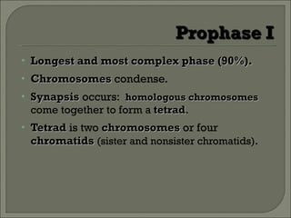 Longest and most complex phase (90%). Chromosomes  condense. Synapsis  occurs:   homologous chromosomes  come together to form a  tetrad . Tetrad  is two  chromosomes  or four  chromatids   (sister and nonsister chromatids) . 