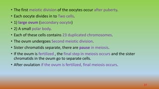 • The first meiotic division of the oocytes occur after puberty.
• Each oocyte divides in to Two cells.
• 1) large ovum (secondary oocyte)
• 2) A small polar body.
• Each of these cells contains 23 duplicated chromosomes.
• The ovum undergoes Second meiotic division.
• Sister chromatids separate, there are pause in meiosis.
• If the ovum is fertilized , the final step in meiosis occurs and the sister
chromatids in the ovum go to separate cells.
• After ovulation if the ovum is fertilized, final meiosis occurs.
37
 