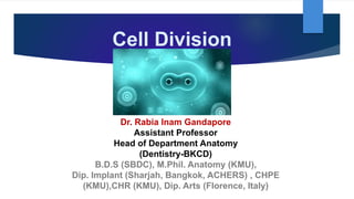 Cell Division
Dr. Rabia Inam Gandapore
Assistant Professor
Head of Department Anatomy
(Dentistry-BKCD)
B.D.S (SBDC), M.Phil. Anatomy (KMU),
Dip. Implant (Sharjah, Bangkok, ACHERS) , CHPE
(KMU),CHR (KMU), Dip. Arts (Florence, Italy)
 