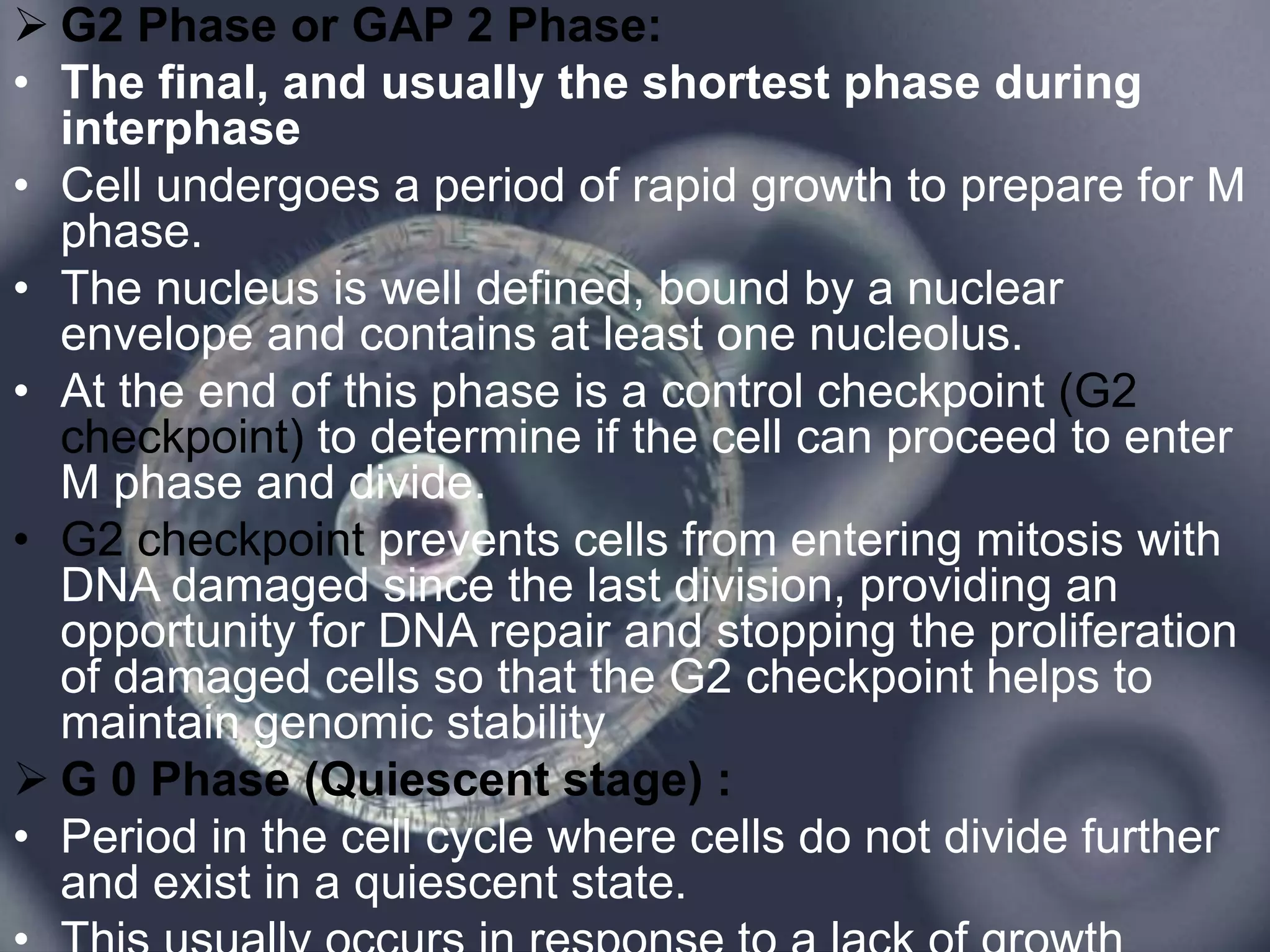  G2 Phase or GAP 2 Phase:
• The final, and usually the shortest phase during
interphase
• Cell undergoes a period of rapid growth to prepare for M
phase.
• The nucleus is well defined, bound by a nuclear
envelope and contains at least one nucleolus.
• At the end of this phase is a control checkpoint (G2
checkpoint) to determine if the cell can proceed to enter
M phase and divide.
• G2 checkpoint prevents cells from entering mitosis with
DNA damaged since the last division, providing an
opportunity for DNA repair and stopping the proliferation
of damaged cells so that the G2 checkpoint helps to
maintain genomic stability
 G 0 Phase (Quiescent stage) :
• Period in the cell cycle where cells do not divide further
and exist in a quiescent state.
 
