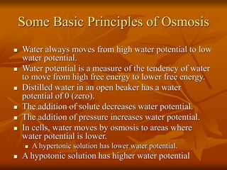 Some Basic Principles of Osmosis
 Water always moves from high water potential to low
water potential.
 Water potential is a measure of the tendency of water
to move from high free energy to lower free energy.
 Distilled water in an open beaker has a water
potential of 0 (zero).
 The addition of solute decreases water potential.
 The addition of pressure increases water potential.
 In cells, water moves by osmosis to areas where
water potential is lower.
 A hypertonic solution has lower water potential.
 A hypotonic solution has higher water potential
 