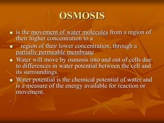 OSMOSIS
 is the movement of water molecules from a region of
their higher concentration to a
 region of their lower concentration, through a
partially permeable membrane
 Water will move by osmosis into and out of cells due
to differences in water potential between the cell and
its surroundings.
 Water potential is the chemical potential of water and
is a measure of the energy available for reaction or
movement.
.
 