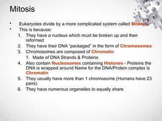 Mitosis
• Eukaryotes divide by a more complicated system called Mitosis
• This is because:
1. They have a nucleus which must be broken up and then
reformed
2. They have their DNA “packaged” in the form of Chromosomes
3. Chromosomes are composed of Chromatin
1. Made of DNA Strands & Proteins
4. Also contain Nucleosomes containing Histones - Proteins the
DNA is wrapped around Name for the DNA/Protein complex is
Chromatin
5. They usually have more than 1 chromosome (Humans have 23
pairs)
6. They have numerous organelles to equally share
 