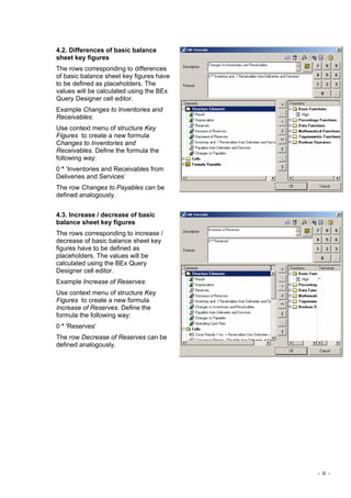 - 8 -
4.2. Differences of basic balance
sheet key figures
The rows corresponding to differences
of basic balance sheet key figures have
to be defined as placeholders. The
values will be calculated using the BEx
Query Designer cell editor.
Example Changes to Inventories and
Receivables:
Use context menu of structure Key
Figures to create a new formula
Changes to Inventories and
Receivables. Define the formula the
following way:
0 * ‘Inventories and Receivables from
Deliveries and Services’
The row Changes to Payables can be
defined analogously.
4.3. Increase / decrease of basic
balance sheet key figures
The rows corresponding to increase /
decrease of basic balance sheet key
figures have to be defined as
placeholders. The values will be
calculated using the BEx Query
Designer cell editor.
Example Increase of Reserves:
Use context menu of structure Key
Figures to create a new formula
Increase of Reserves. Define the
formula the following way:
0 * 'Reserves'
The row Decrease of Reserves can be
defined analogously.
 
