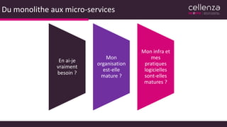 Du monolithe aux micro-services
En ai-je
vraiment
besoin ?
Mon
organisation
est-elle
mature ?
Mon infra et
mes
pratiques
logicielles
sont-elles
matures ?
 